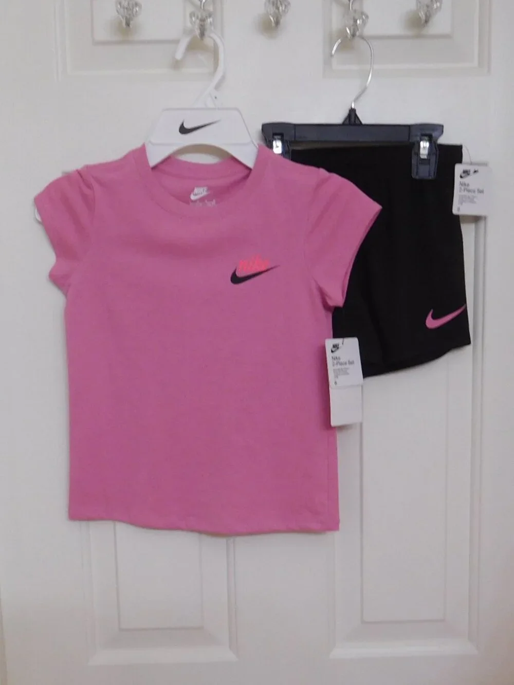 NWT 2pc Nike Mauve Pink Black Swoosh Logo Top & Black Shorts Set sz 6